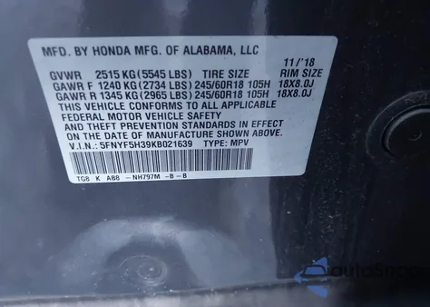 2019 Honda Pilot Ex z USA, uszkodzony, nr VIN 5FNYF5H39KB021639